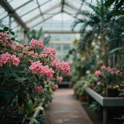 a tropical greenhouse with pink flowers, cinematic colors, bokeh