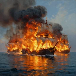 painting of an armada of war ships burning in heavy flames in the middle of the ocean, thick smoke, beautiful reflections on the water, a detailed matte painting by vilhelm lundstrøm, cgsociety, neo - romanticism, chillwave, matte drawing, official art, trending on artstation