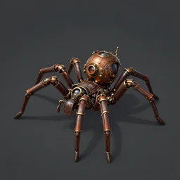 2d game art of steampunk spider, game character design, articulated joints, detailed, blank background