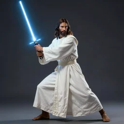 jesus christ in a white robe striking an action pose, holding a lightsaber ; art by artgerm ; digital art ; character art ; star wars