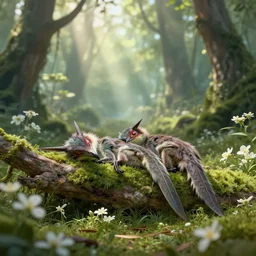 two sleeping microraptor gui, prehistoric forest, natural lighting, god rays, clearing, white flowers, octane render, lois van baarle, greg rutkowski, 1 6 k