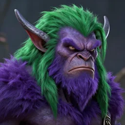 super detailed head and shoulder portrait of a Dungeons and Dragons bugbear with purple fur and green hair,he looks angry, Fantasy, 4k, epic, HD, DnD