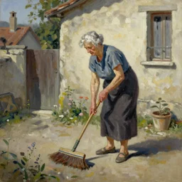 a painting of an elderly woman brushing the floor in a french village with her aged broom, painted by monia merlo, artstation