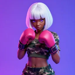 portrait of black anime manga girl, boxer punch pose, french bob hair!!!!!, white hair, wearing camo, purple eyes, by gustave dore, vaporwave colors, lofi colors, vaporwave, lofi, goth vibe, 4 k, smooth, hd, substance designer render, full body character concept art, 2 point lighting,