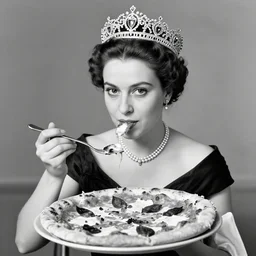 a historical photo of young beautiful queen margherita of italy, eating a pizza margherita with a long fork, intricate detailed tiara, pearl necklace, large cornicione, black and white photo, smooth lighting, masterpiece, perfect symmetry