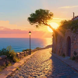a lonely cobblestone street with a tree on a cliff over the sea at sunset, brightly illuminated by rays of sun, artstation, colorful illustration by Brian Edward Miller