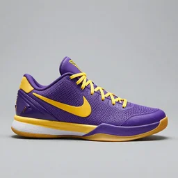 nike brand basketball shoes, purple and yellow color, low heel, designed for kobe, trending to artstation
