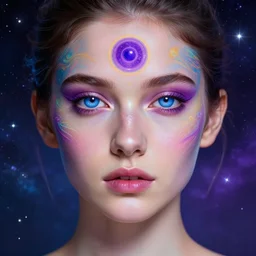 a beautiful colorful digital head and shoulders potrait of an attractive calm girl with blue violet eyes and open thirdeye thirdeye thirdeye psychedelic spiritual art, space background, breathtaking stars, hyperrealistic, photorealistic, hyper sharp, 4k, detailed, hyper realistic, matte painting, concept art