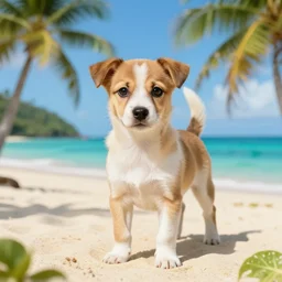 a tropical dog dog kitten in the style of francisco goya, 4 k resolution, tropical background, tropical paradise beach