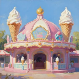 an amusement park with an ice cream themed decoration style. trending on pixiv and artstation. an absurdly detailed oil painting by a top rated artist