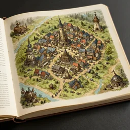 concept art of steampunk small town detailed map, digital art book