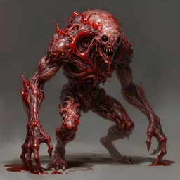 scifi art by Greg Rutkowski, hideous monster made of twisted human flesh and reddish ooze, lumpy bloated upper body with elongated, thin limbs like a mantis, small head like a ball with two empty holes for eyes, only human beings are its legs, vicious appearance, scifi, space horror, digital painting, artstation, concept art, smooth, sharp foccus ilustration, Artstation HQ.