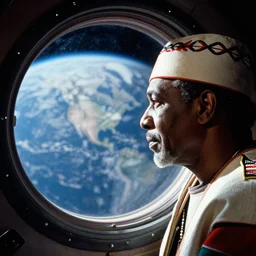 analogue photo of an African tribal chief inside the orbiter of a space shuttle, looking at porthole window, planet earth seen from porthole windows, close-up, colour, photo shot by martha cooper, 35mm,