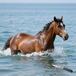 horse swimming in the ocean with fork and knife, photorealistic, high detail