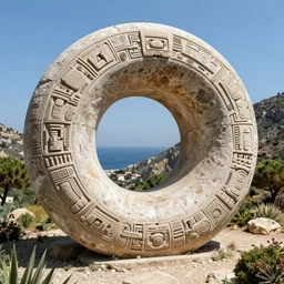 a gigantic paleolothic torus made of stone with highly detailed carvings of intricate shamanic robotic electronics and circuitry, in a mediterranean lanscape, inside a valley overlooking the sea, in the style of andreas rocha
