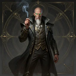 a highly detailed illustration of bald old man smoking with green glowing eyes, dramatic standing pose, nuclear background, intricate, elegant, highly detailed, centered, digital painting, artstation, concept art, smooth, sharp focus, league of legends concept art, wlop.