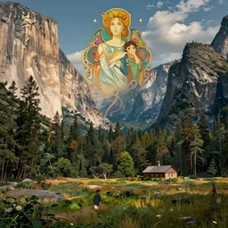 yosemite national park, fairy tale fantasy land, by alphonse mucha and hayao miyazaki
