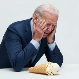 Joe Biden crying, his ice cream cone is on the ground