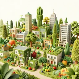 a small village inspired by fruits and vegetables. buildings made of different plants, post-modernist and brutalist by greg rutkowski, trending on artstation and deviantart --height 1024