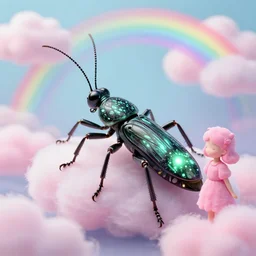 a stick insect with glowing black patterns painted by Mike Winkelmann, fluffy clouds, pink girl, cotton candy, dreamy soft, rainbow