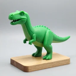a 3D print model of a a green dinosaur on a wooden base