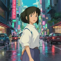 woman standing on rainy and busy cyberpunk city street, in the style of spirited away, vibrant colours, hyperrealism, soft lighting, art by satoshi kon, lush detail, award winning, trending on artstation, by otto dix and greg rutkowski and beeple, 4 k