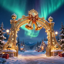 a very detailed concept art of intricate and well designed jingle bell gates to santa's northpole, infused with aurora borealis, dynamic lighting, trending on artstation, path traced, highly detailed, high quality, digital painting, digital art, 4 k, hyper realistic, octane render, sharp focus