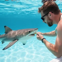 a man with sunglasses feeding a shark in a pool
