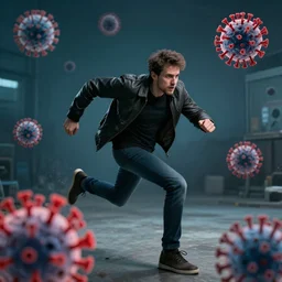 an anti - vaxxer running in fear from the corona virus, photo realistic, dramatic lighting