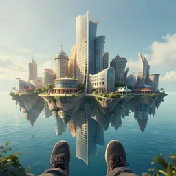 first person perspective digital illustration of a floating water village by beeple and Roger Dean:1|fantasy, horizontal symmetry, cinematic, architectural design by Frank Gehry:0.9|Unreal Engine, Octane, finalRender, devfiantArt, artstation, artstation HQ, behance, HD, 16k resolution:0.8