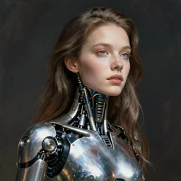 beautiful young cybernetic woman, body metal skin complicated robotics, half human, half robotic, cyborg, art by moebius