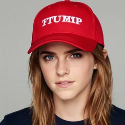 Photo of Emma Watson wearing a red Trump cap, soft studio lighting, photo taken by Martin Schoeller for Abercrombie and Fitch, award-winning photograph, 24mm f/1.4