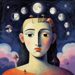 post - minimalism comic abstract cubism portrait of triangle mushrooms growing square orbs, top down view, the moon orbiting other moons, iridescent clouds, vibrant color scheme, highly detailed, in the style of romanticism, cinematic, artstation, moebius, greg rutkowski