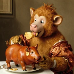 jolibee mascot eating lechon, by botticelli