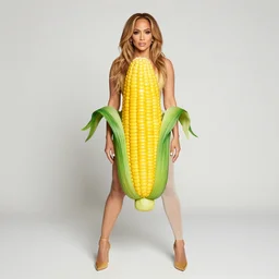 full body photo of jennifer lopez, she is wearing a funny hallowen costume of corn on a cob