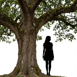 female silhouette in a detailed bark of an old tree with moss and leaves