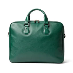 emerald green leather briefcase, commercial catalog photo, isolated on a pure white background, centered, entire object in frame, sharp focus, soft studio lighting