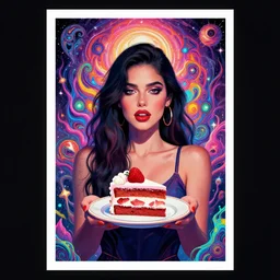 a woman holding a plate with a piece of cake on it, poster art by dahlov ipcar, behance contest winner, psychedelic art, behance hd, cosmic horror, aftereffects