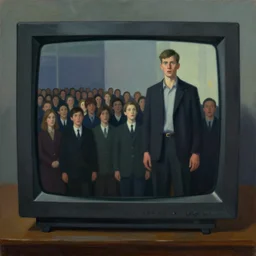 edward hopper painting of a crt television broadcasting propaganda out of the screen, this results in lots of people with no eyes. there is one normal person with eyes, a young man, he looks tall and strong but he is frightened about what is going on around him s 1 5 0