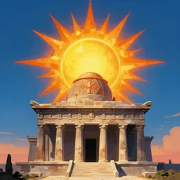 blazing geometric sun above a monolithic temple, roger dean, stanley donwood