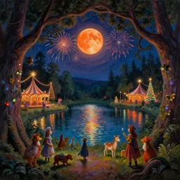 closeup of a night carnival inside a magical tree cavity, with a surreal orange moonlight and fireworks, next to a lake with iridiscent water, christmas lights, folklore animals and people disguised as fantastic creatures in a magical forest by summer night, masterpiece painted by harry watrous, scene by night, dark night environment, refraction lights, glares