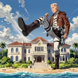 joe biden, as the colossal titan, kicking a florida mansion, attack on titan, anime key visual, wit studio official media, beachfront mansion, huge mansion, giant kicking foot
