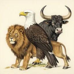 a creature with the body and eyes of a man, with the beak of an eagle, the mane of a lion, and the antlers of a bull. drawn by moebius and zdzislaw beksinski