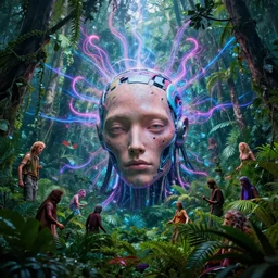 mysterious biomechanical big head crashed in dense humid jungle, infinite psychic waves, synthwave, bright neon colors, highly detailed, cinematic, tim white, vladimir kush, philippe druillet, roger dean, bob eggleton, michael whelan, boris vallejo, alfred kelsner, kubrick, jaroslaw jasnikowski