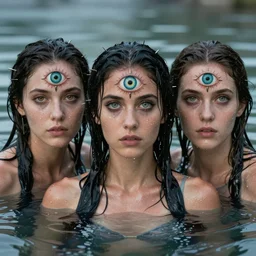 godesses, three eyed, hairy bodies, third eye in middle of forehead, wide shot, hairy bodies, in water, colors, eye in forehead, pins, very detailed, wet eyes reflecting into eyes reflecting into  infinity, beautiful lighting