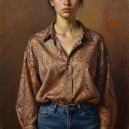 detailed portrait in femininity, ethnic, realistic face sculpted features, statuesque model, modern fashion, oversized paisley button down shirt and jeans, warm glow, supple, bathed in light, chiaroscuro, specular highlights, angular impressionism, radiosity, natural color scheme, deep rich tones, contemporary art, oil on canvas