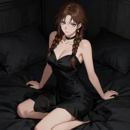 beautiful woman with braided brown hair and blue eyes, wearing a black dress, sitting on her bed, posing seductively, black colors, highly detailed, in the style of and ilya kuvshinov and greg rutkowski, high quality anime artstyle, intricate