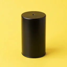 Product photo of a black metallic cylinder on a yellow background