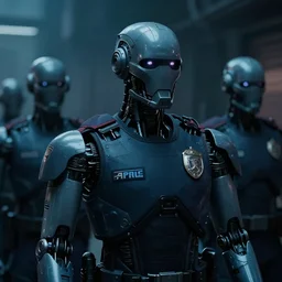 vfx film closeup, robot police squad in blade runner 2 0 4 9 slums, flat color profile low - key lighting award winning photography arri alexa cinematography, hyper real photorealistic cinematic, atmospheric cool colorgrade