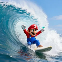 head on medium view of mario surfing while holding a martini in one hand, surfing inside the tube of a very large wave that's about to collapse. highly detailed, professional high quality 4 k, action shot, dramatic lighting, unreal, cinematic